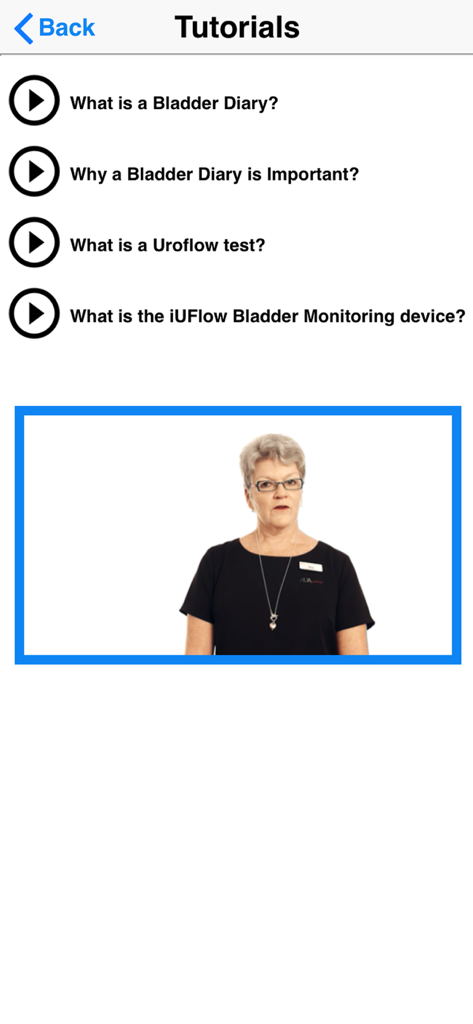 iUFlow- voiding bladder diary - Tutorials screen in the iUFlow app featuring video guides for bladder health and uroflow testing