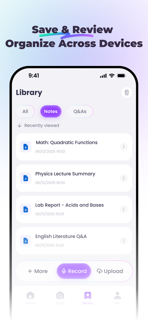 StudyX app library screen showing organized study notes for math, physics, and lab reports with options to record and upload.