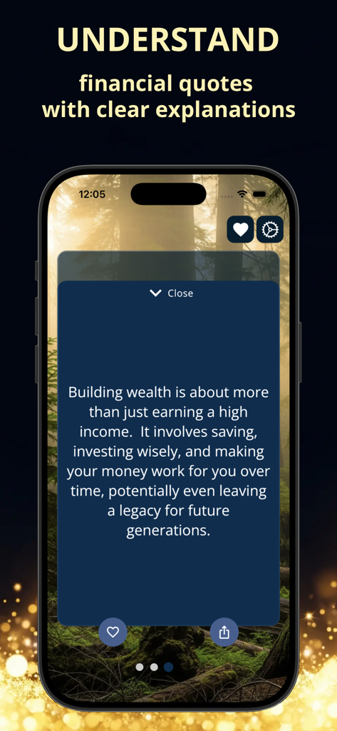 Financial Coach: Money Tips - 고요한 숲 배경에 부 축적 명언과 명확한 설명이 표시된 스마트폰 화면.