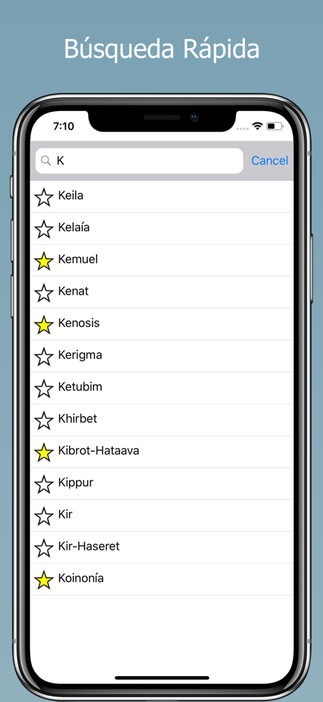 Interfaz de búsqueda rápida de términos bíblicos en español con lista de palabras que comienzan con la letra K