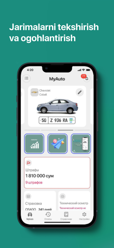 Road24 jarimalar tekshirish - Road24 mobile app dashboard displaying vehicle information and traffic fine status