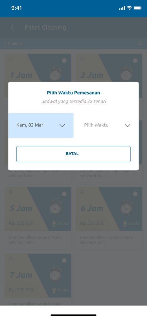 JDM Cleaning - Popup menu in JDM Cleaning app to select date and time for service