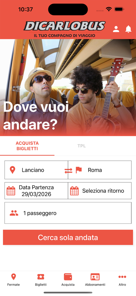 The DiCarloBus app home screen showing the bus ticket search interface for travel between Lanciano and Rome with a background image of two travelers.