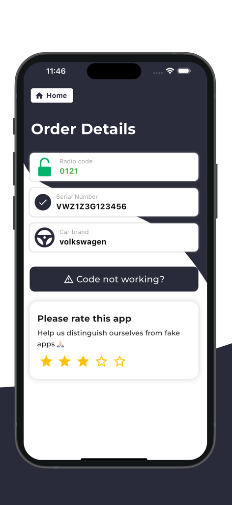 Car Radio Code Generator - Order details screen showing a retrieved radio code for a Volkswagen car with a prompt to rate the app