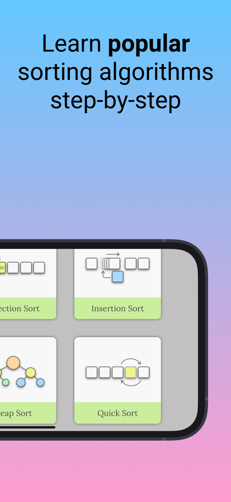Interface of the VisiGrab app showing a selection menu for popular sorting algorithms like Quick Sort and Insertion Sort with a step by step learning guide.