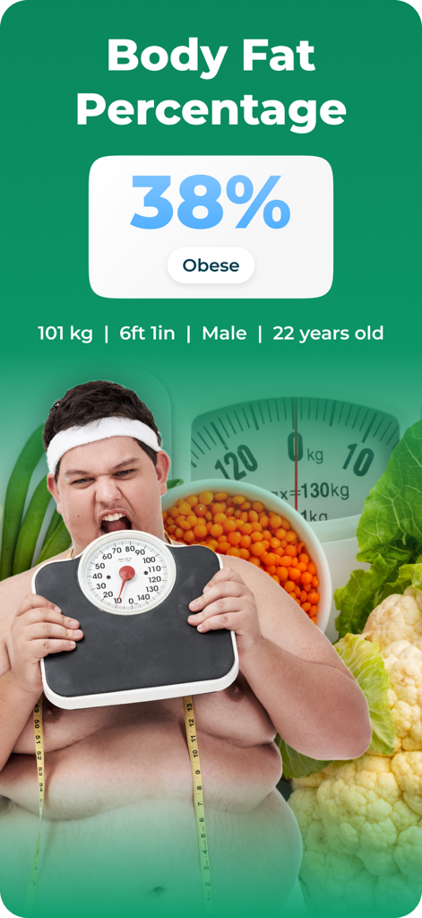 BMI, BMR & Body Fat Calculator - Body Fat Percentage screen in the app showing a 38 percent result for an obese male.