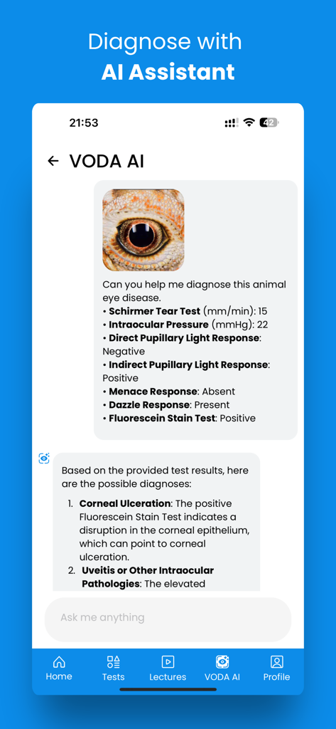 VetEye - VetEye app AI assistant providing a veterinary ophthalmology diagnosis based on animal eye test results