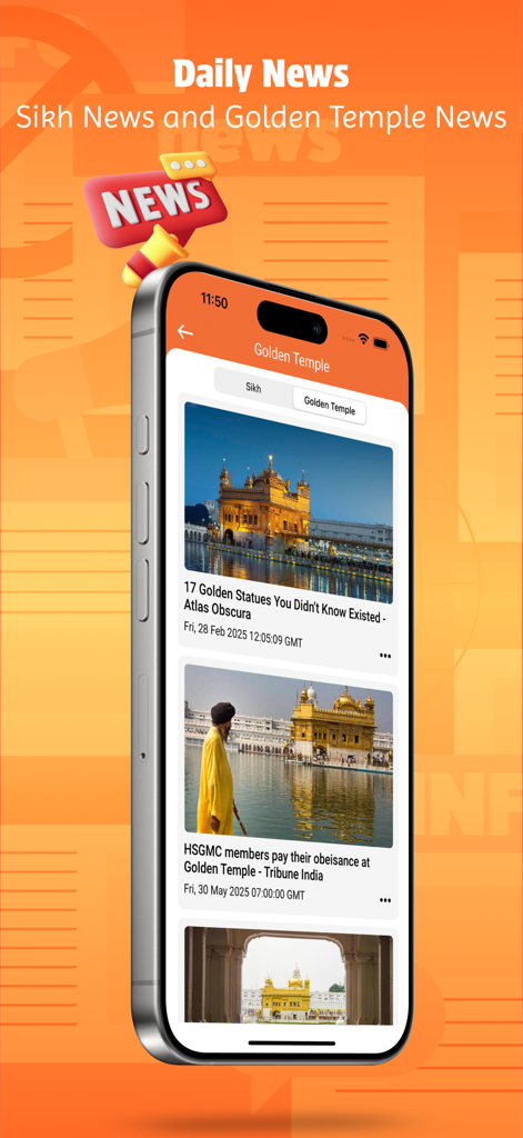 Sikh World app interface displaying daily news articles about Sikhism and the Golden Temple