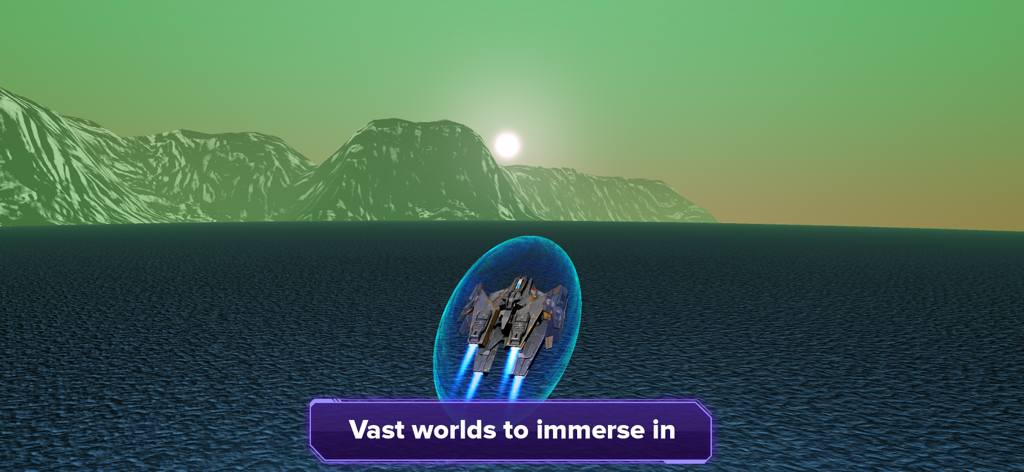 Stars and Planets - Astronomy - A 3D spacecraft simulation flying over a vast alien planet surface with mountains and a green sky.