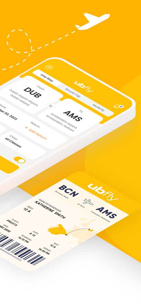 Ubfly - Cheap Flights - Tela de celular mostrando a interface de pesquisa de voos do Ubfly e um cartão de embarque digital em um fundo amarelo