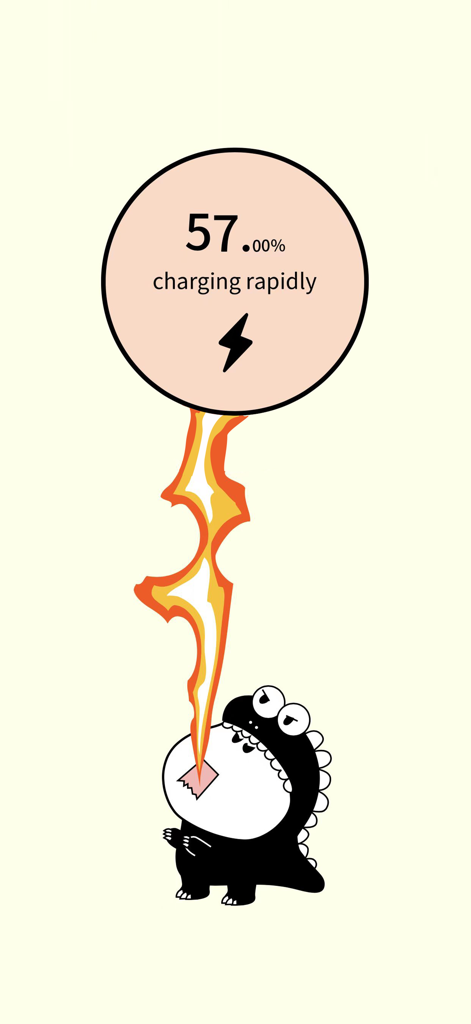 Pika! Charging show - A cartoon dragon animation breathing fire toward a circle displaying fifty-seven percent battery charging status.
