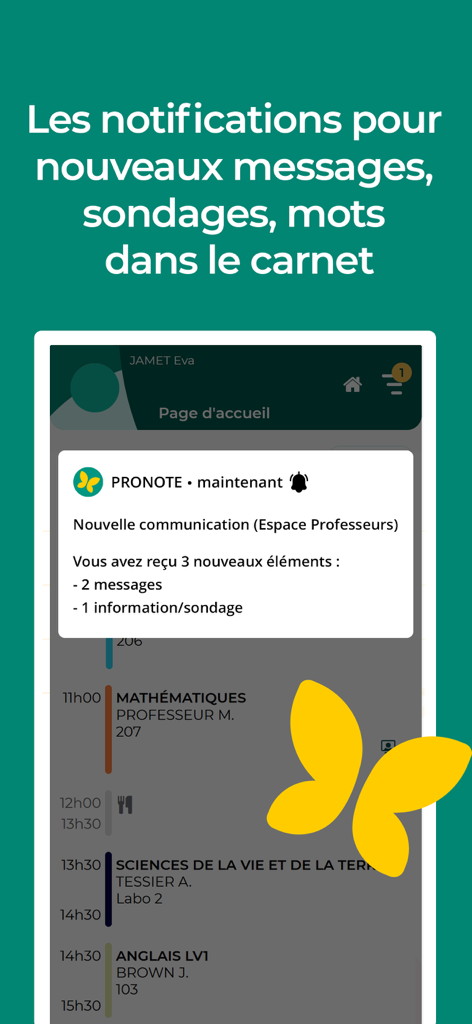 PRONOTE app interface showing a push notification for new messages and surveys over a school schedule background.