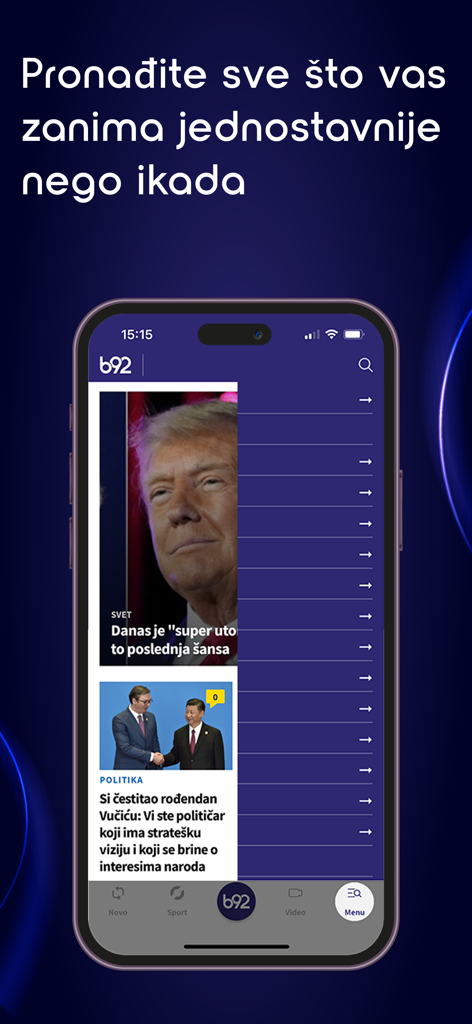 B92 mobile app interface showing a news feed with political and world news in Serbian