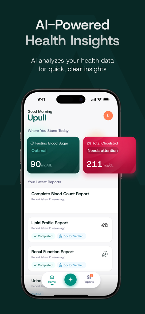 Ayubo - Interfaz de la aplicación Ayubo que muestra información de salud sobre azúcar en sangre y colesterol impulsada por IA