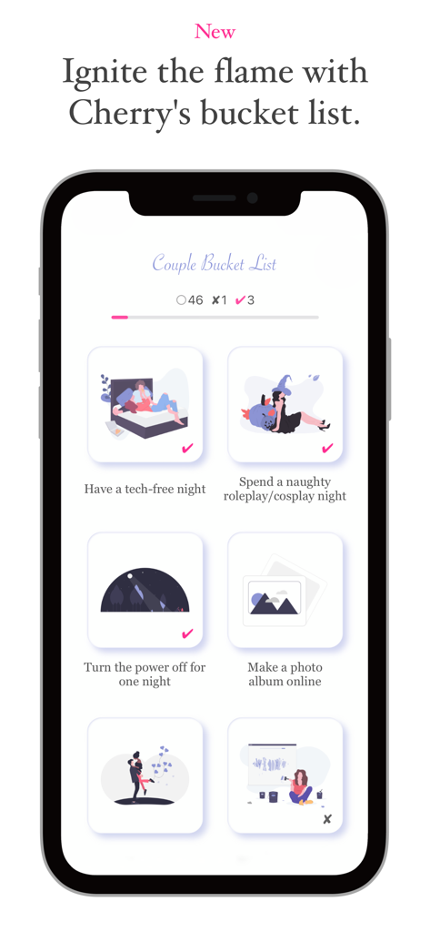 Una pantalla móvil de la aplicación Cherry que muestra una "Lista de Deseos de Pareja" con varios desafíos de relación y tarjetas de actividad.
