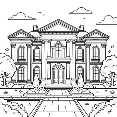 Step into a world of architectural beauty with this delightful Neoclassical mansion coloring page, specially designed for kids. With its grand columns and symmetrical design, it offers a fascinating scene ready for your child's creative touch.