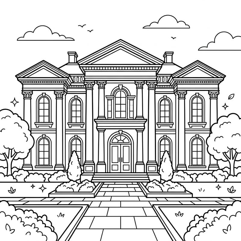 Step into a world of architectural beauty with this delightful Neoclassical mansion coloring page, specially designed for kids. With its grand columns and symmetrical design, it offers a fascinating scene ready for your child's creative touch.