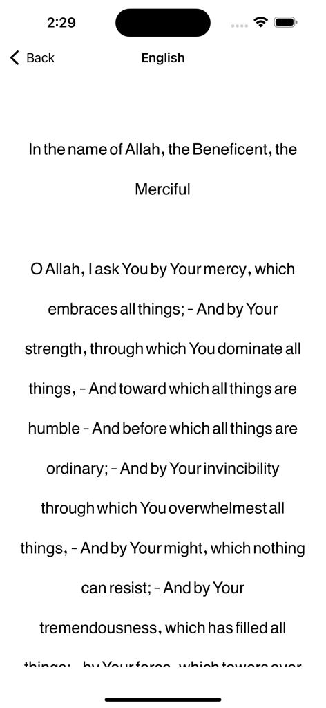 Dua Kumayl Supplication Prayer - English translation of Dua Kumayl prayer displayed in a clean mobile interface
