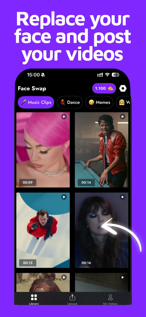 AI Face Swap Video Maker-ToVid - ToVid app interface showing a library of face swap video templates including music clips and memes