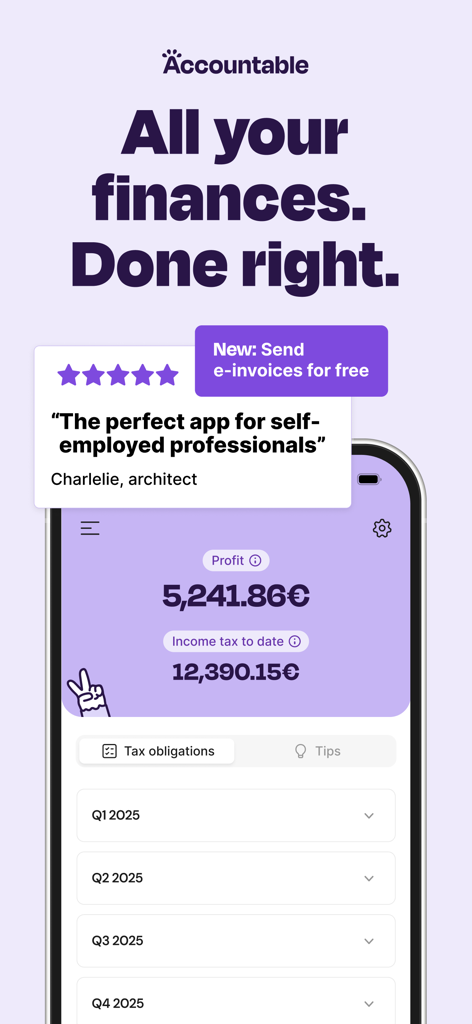 Accountable app dashboard for solopreneurs showing profit tracking and tax obligations on a smartphone