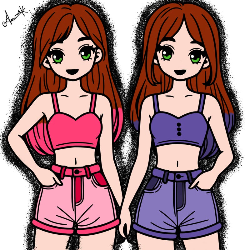 two sisters with crop tops and jean shorts and straight hair