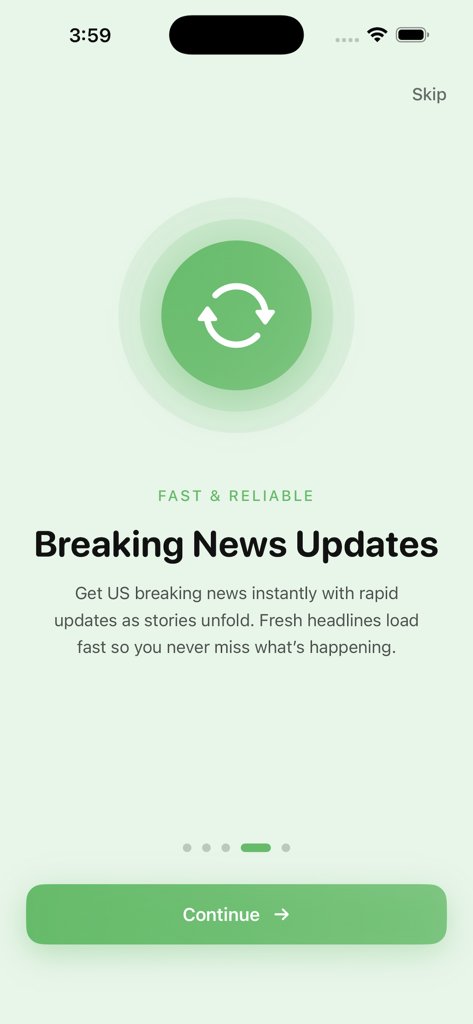 US Breaking News Alerts - US Breaking News app onboarding screen for real time breaking news updates