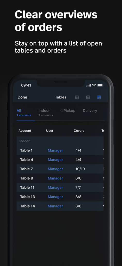 開いているテーブルと注文リストが表示されるLightspeed Restaurant POSアプリ