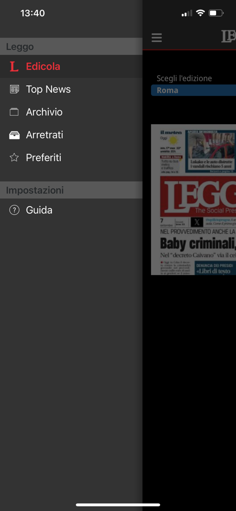 Menu de navigation de l'application Leggo Digital sur iPhone avec des options de kiosque et d'archive