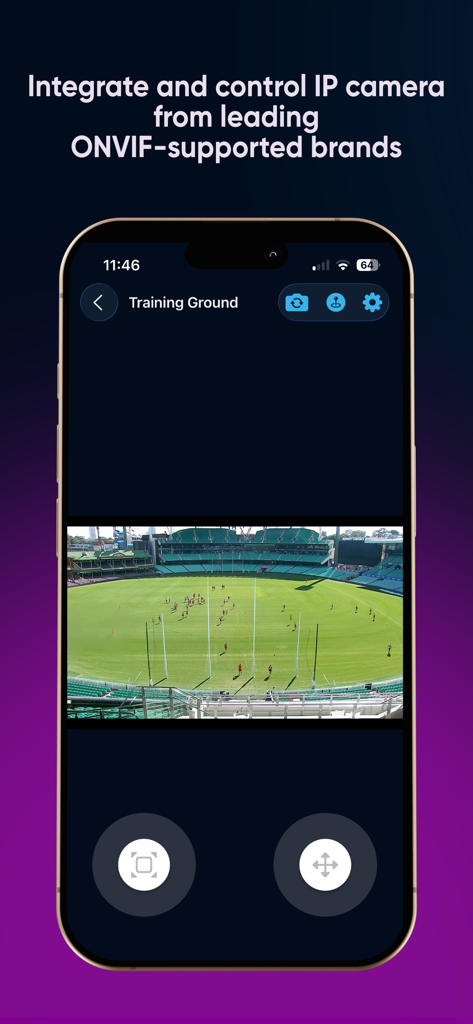 XYZoom - XYZoom mobile app interface showing a live stadium camera feed with pan tilt and zoom controls