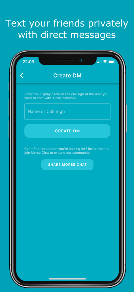 Morse Chat: Chat in Morse Code - Create Direct Message screen in Morse Chat app showing name or call sign entry