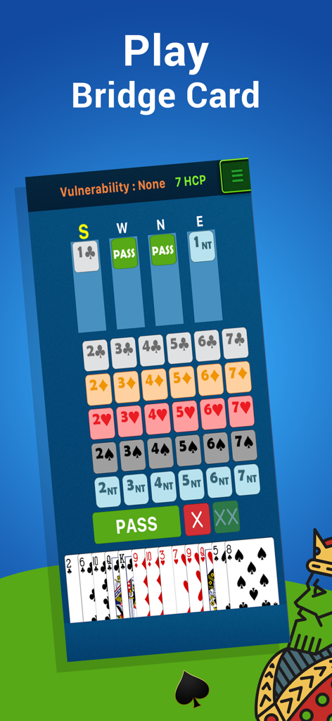 Bridge Card Game Classic - ブリッジカードゲームクラシックアプリのデジタルビディングインターフェース。カードのスートとビディングオプションが表示されています。