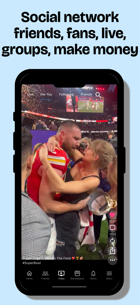 Faxo: Everything App - Interface of the Faxo super app showing a full screen video discovery feed with social interaction icons.