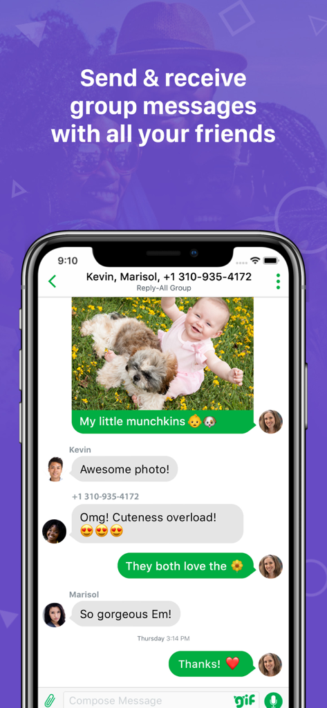 Nextplus: Private Phone Number - Screenshot dell'app Nextplus che mostra una conversazione di gruppo con foto e messaggi condivisi.