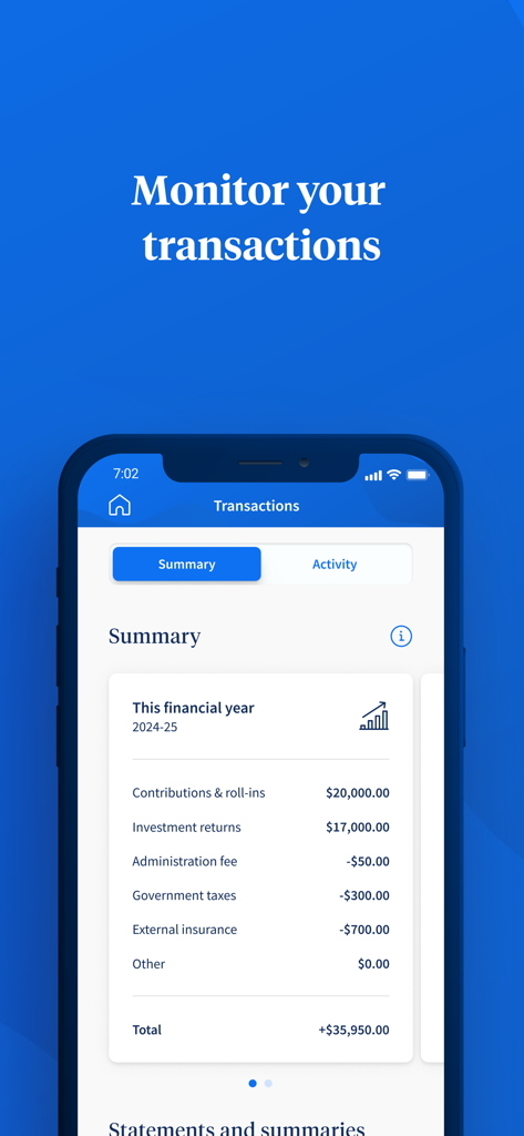 UniSuper mobile app transactions summary screen showing financial year contributions and investment returns