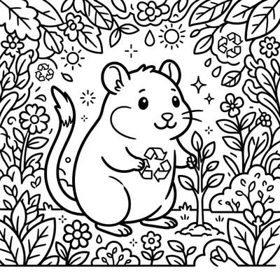 Dive into environmental fun with this super cute kawaii gerbil coloring page! Perfect for Earth Day, our little friend is busy recycling and planting a new tree.