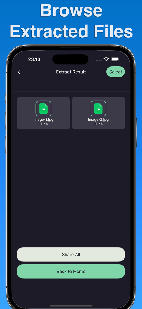 ZIP Extractor・Unzip・Opener - ZIP Extractor mobile app interface showing unzipped image files in the extract result screen
