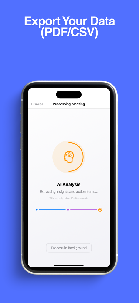 Meeting Recorder Minutes: Scrb - Smartphone screen showing MinuteScribe app performing AI analysis to extract meeting insights and action items with export options
