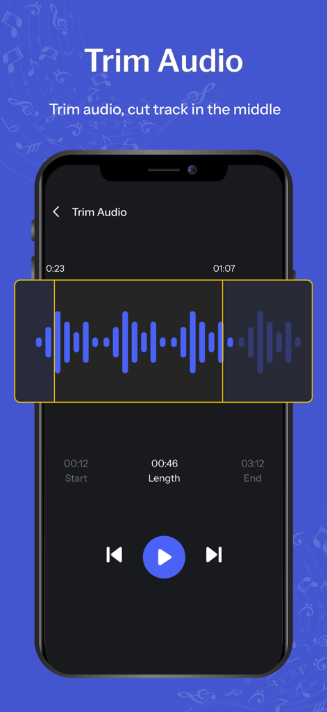 Ringtone Maker: Music Cutter - Ringtone Makerアプリで音楽トラックをカットするための視覚的な波形が表示されたオーディオトリミング機能を示すインターフェース。