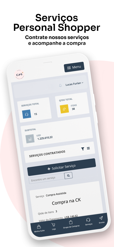 Écran du tableau de bord des services d'acheteurs personnels de l'application mobile avec le suivi des articles totaux et des achats assistés pour les commandes internationales.