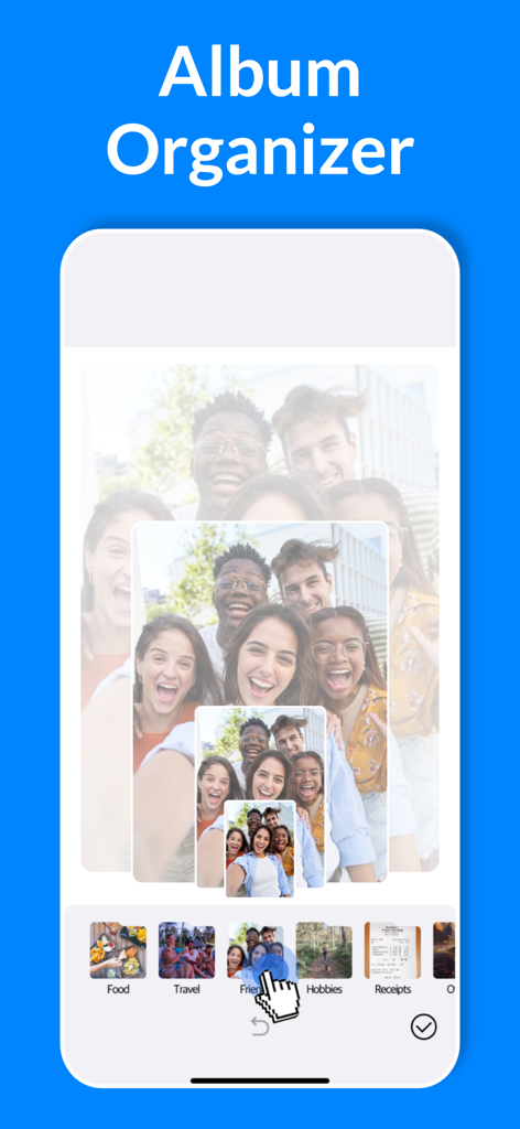 Cleansmith: Photo Cleaner - Interface do aplicativo Cleansmith mostrando o recurso de organizador de álbuns com categorias como comida, viagens e amigos.