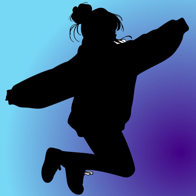 realistic girl jumping with a bun and oversized sweatshirt