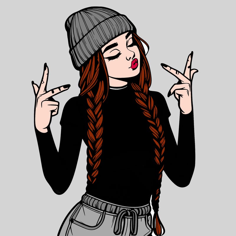 realistic teenage girl with braids and a beanie and crop top doing 🫶🏼