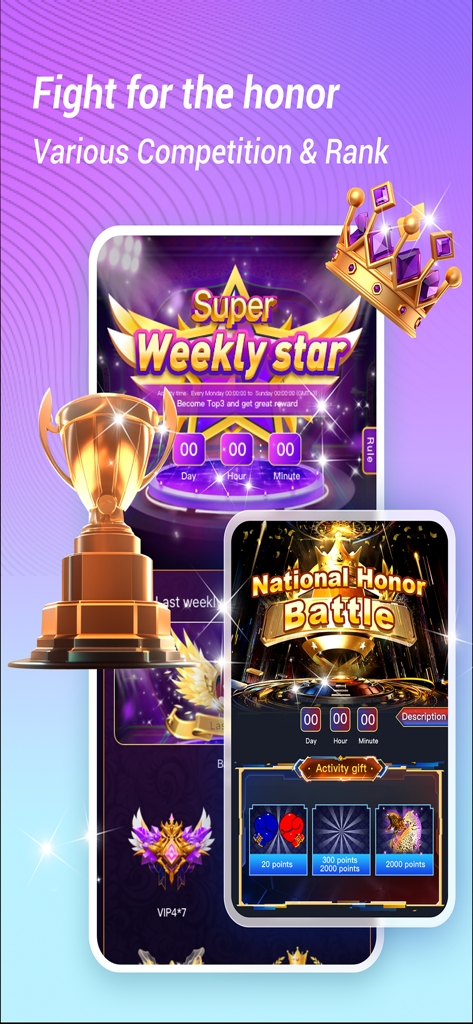 Lami Live app screenshot showcasing competition features with leaderboards a golden trophy and a purple crown