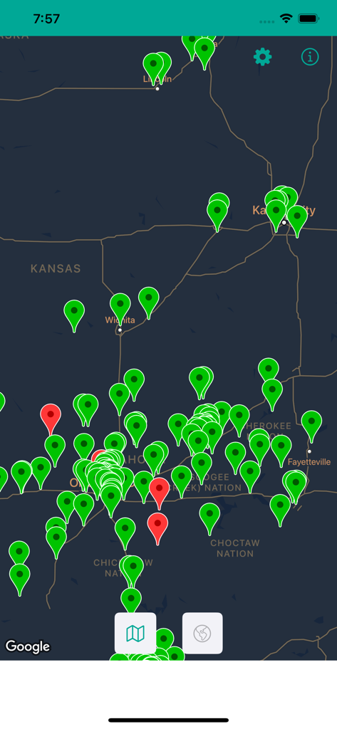 Map view of the CNG Stations USA app showing fueling station locations across Kansas and Oklahoma with green and red pins