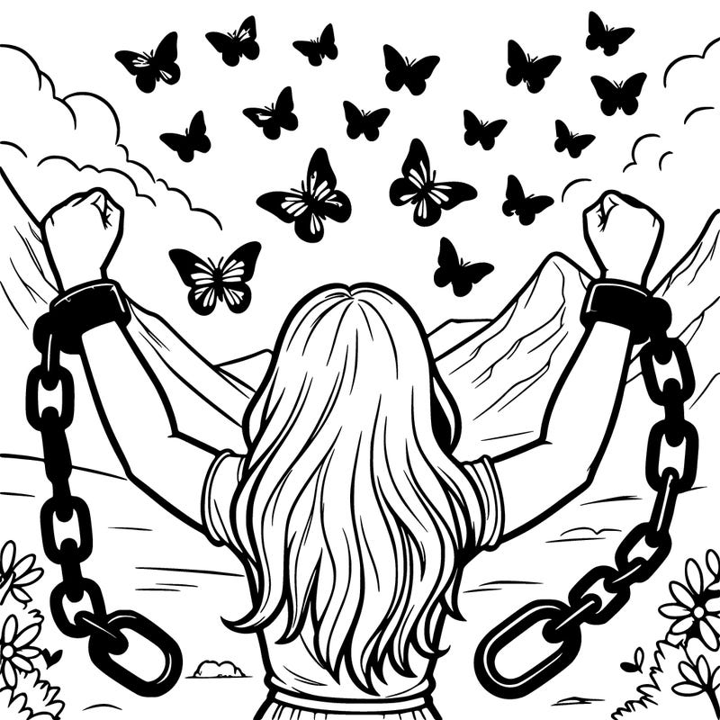 a woman breaking free from large chains around her wrists, with the chains dissolving into butterflies flying upward toward a backdrop of mountains and sky