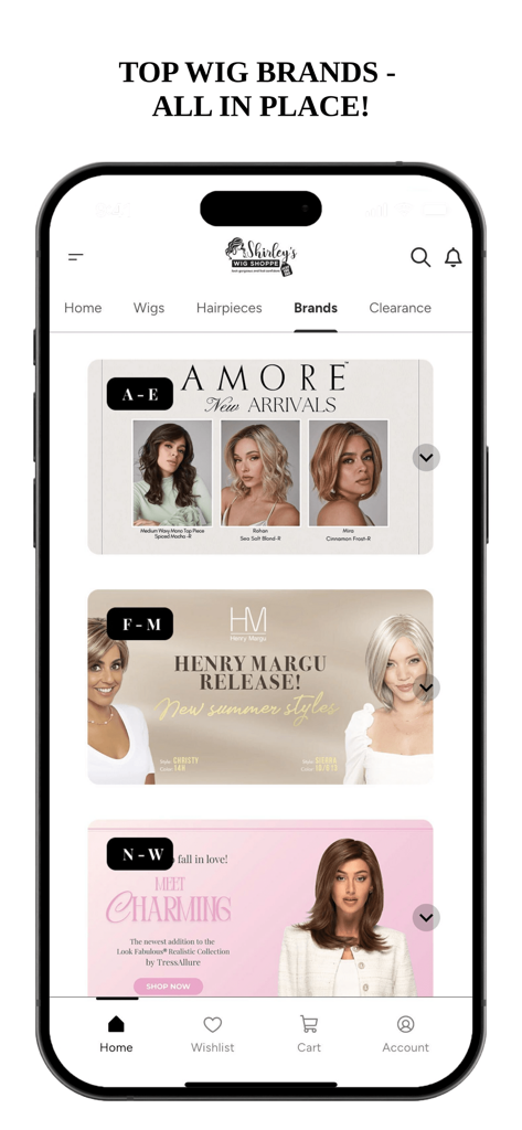 Shirleys Wig Shoppe - Shirleys Wig Shoppe mobile app Brands screen featuring Amore and Henry Margu designer wigs