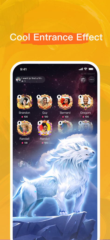 Amar app interface showing a glowing white lion entrance effect in a group voice chat room