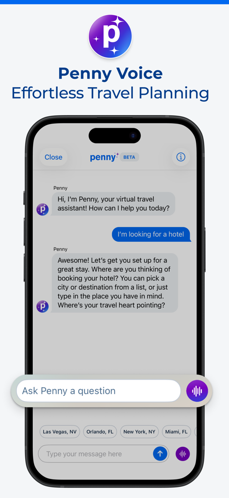 Interfaz de la app Priceline con Penny Voice, un asistente de viaje virtual de IA para reservar y planificar hoteles.