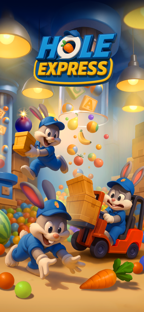 Hole Express: Black Hole Game - Three cute bunnies in blue uniforms working in a colorful delivery warehouse for Hole Express game