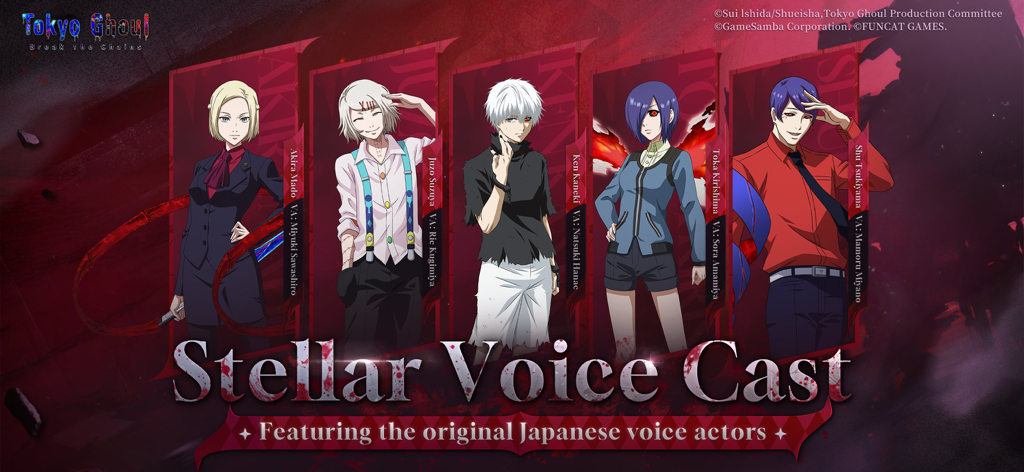 Tokyo Ghoul · Break the Chains - Promotional image featuring Tokyo Ghoul characters and highlighting the original Japanese voice cast.